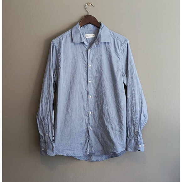 Zara Size Large Textured Blue Shirt Button Up Mens Man Long Sleeve Dress Top LS - Picture 1 of 4